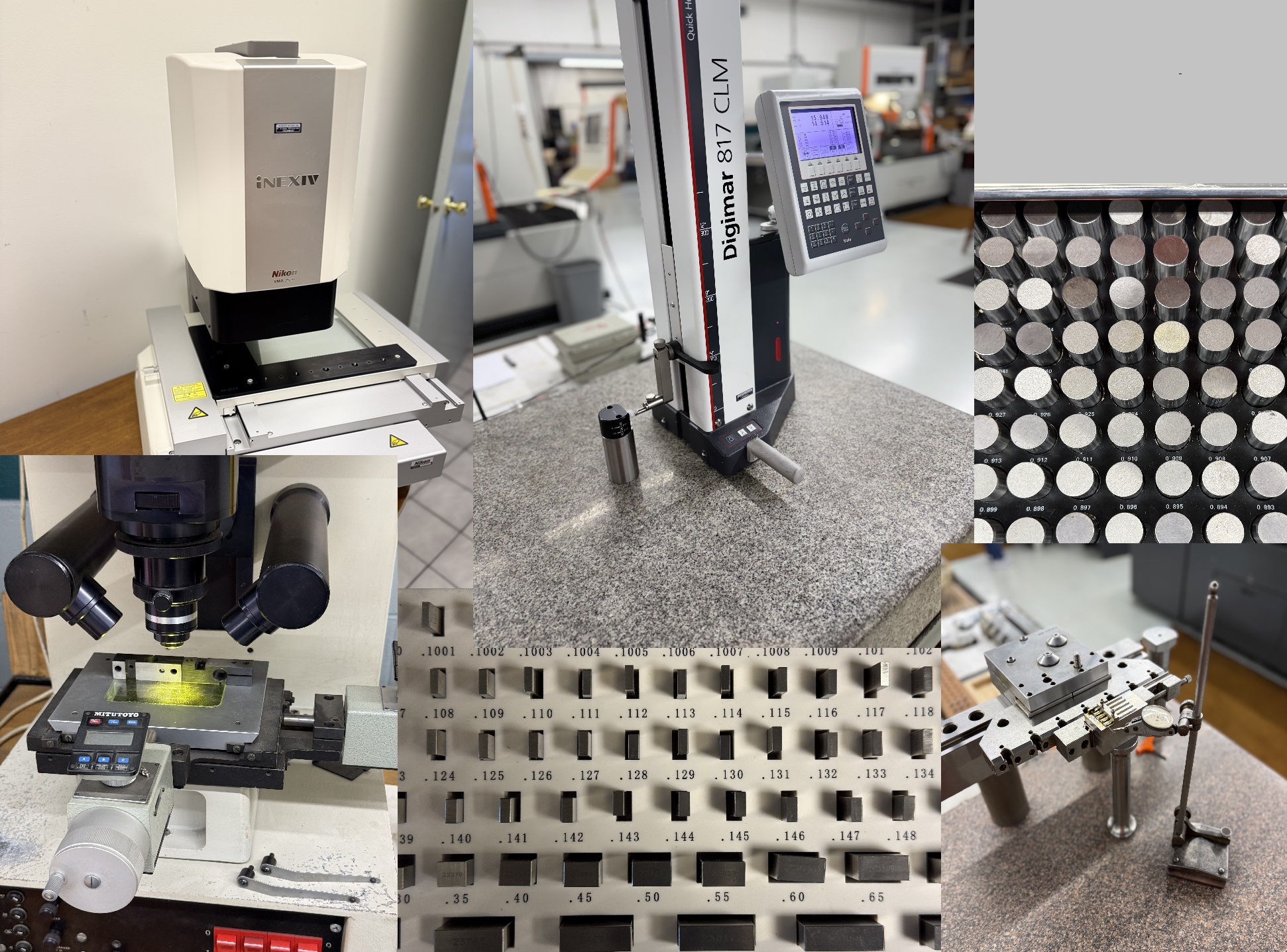 Inspection collage: Nikon iNEXIV, Mahr height gage, microscope, gage blocks, and an indicator setup