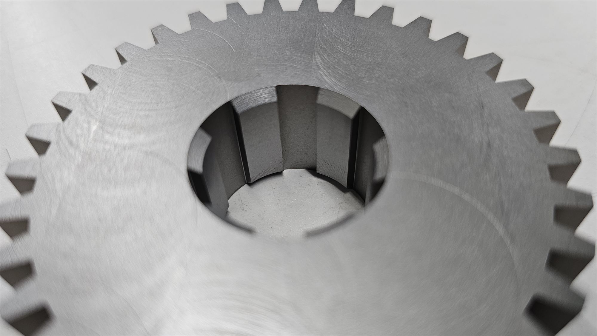 Close view of the internal spline in a tool-steel gear