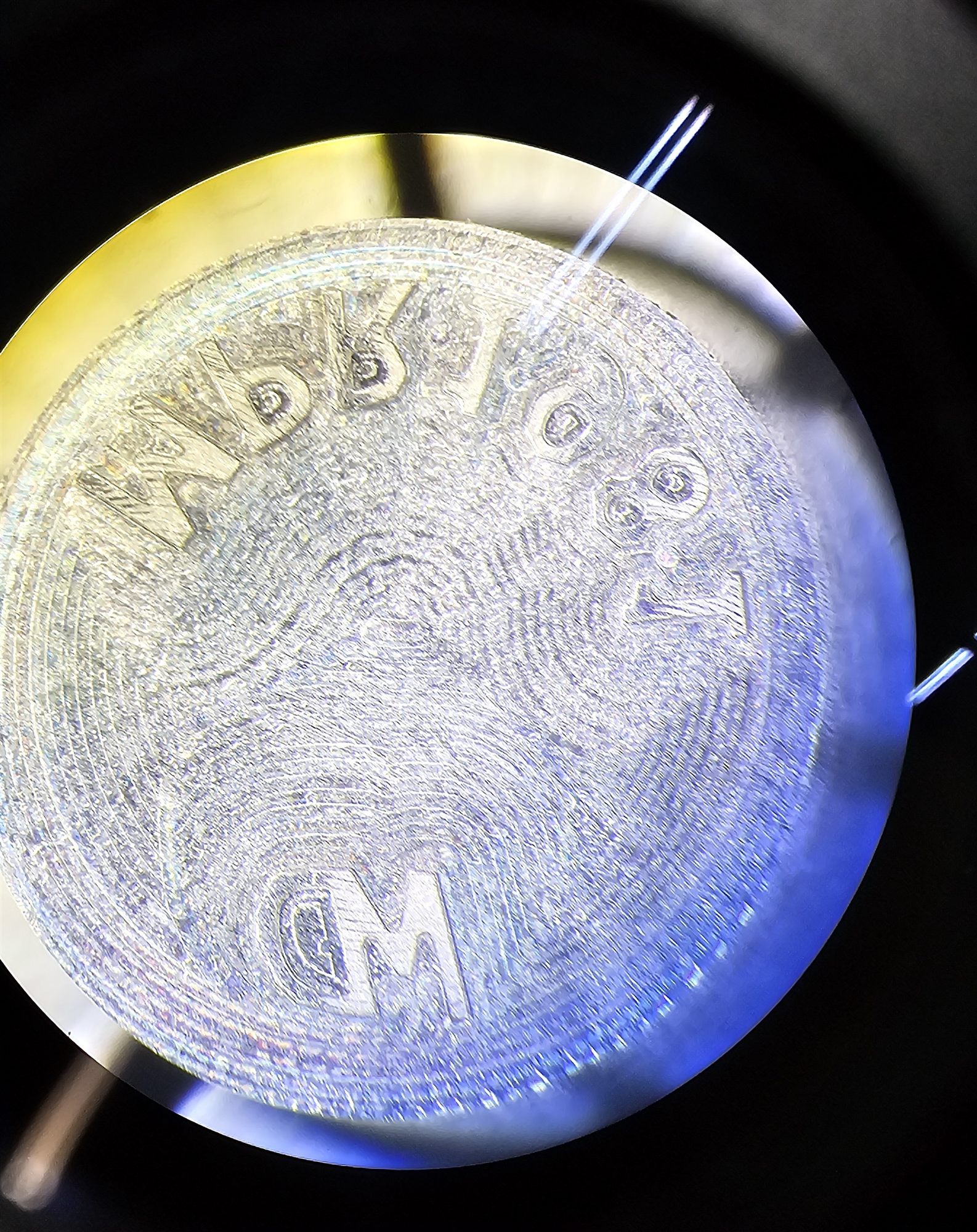 Stamp face viewed through a loupe